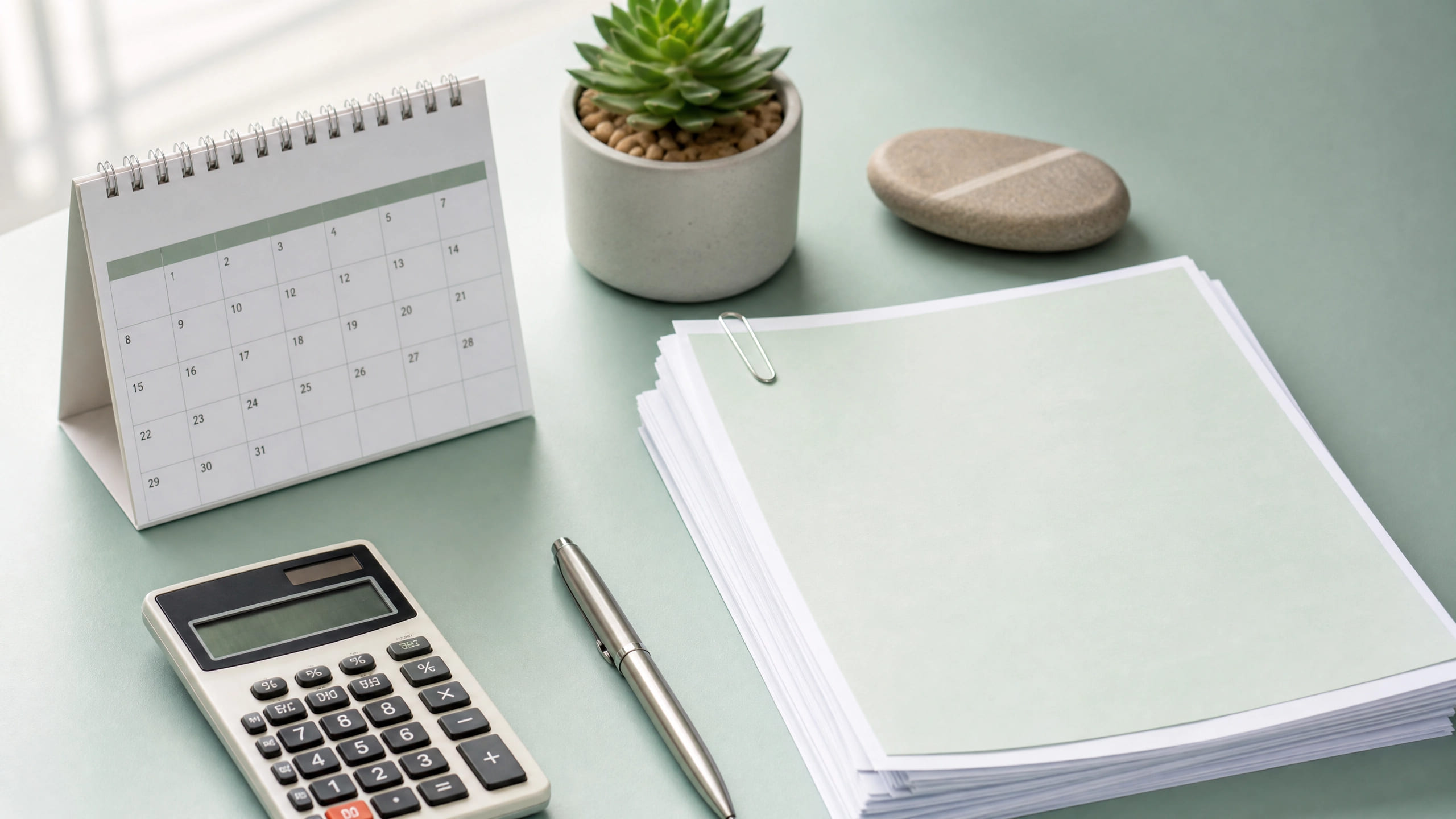 Calendario de mesa, calculadora, bolígrafo y un fajo de documentos sobre un escritorio verde claro