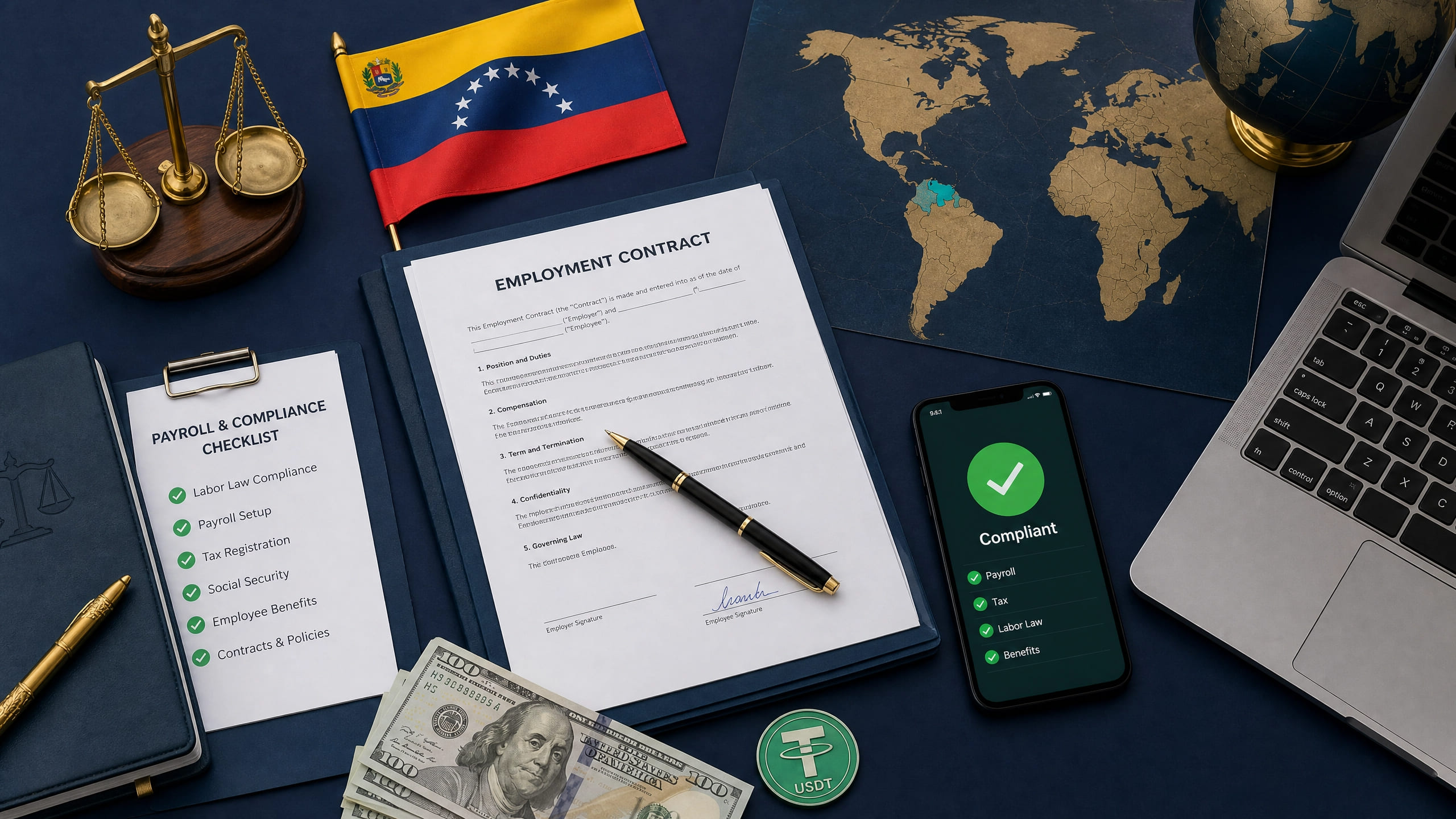 Contrato de trabajo firmado sobre un escritorio, junto a una balanza de justicia, una bandera de Venezuela y un checklist de cumplimiento
