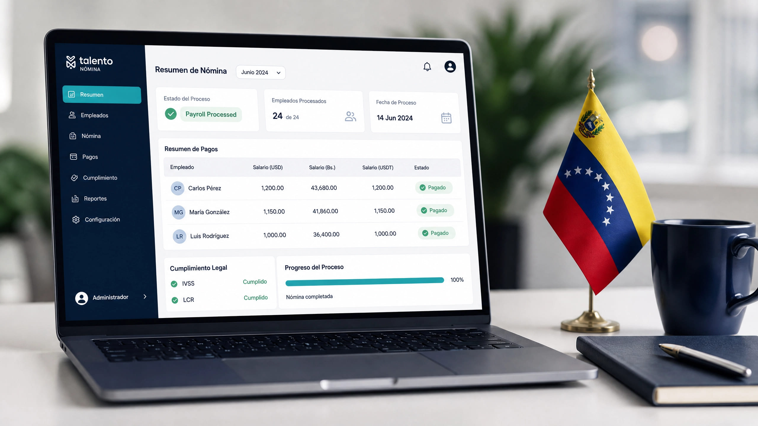 Laptop mostrando un panel de nómina con salarios en dólares y bolívares, junto a una bandera de Venezuela de escritorio