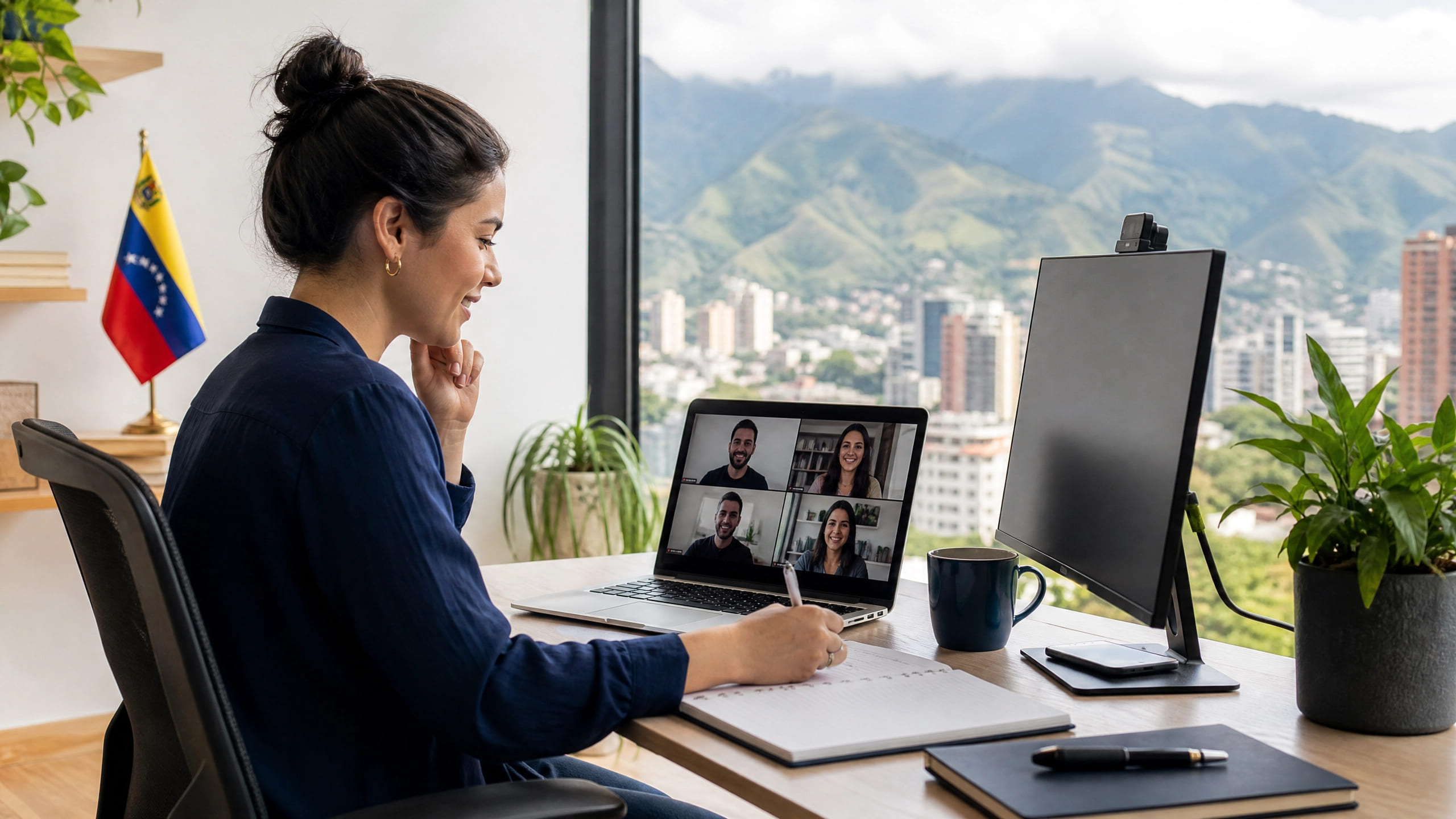 Freelance professional working from a home desk on a video call, with a Venezuelan flag on the shelf behind her