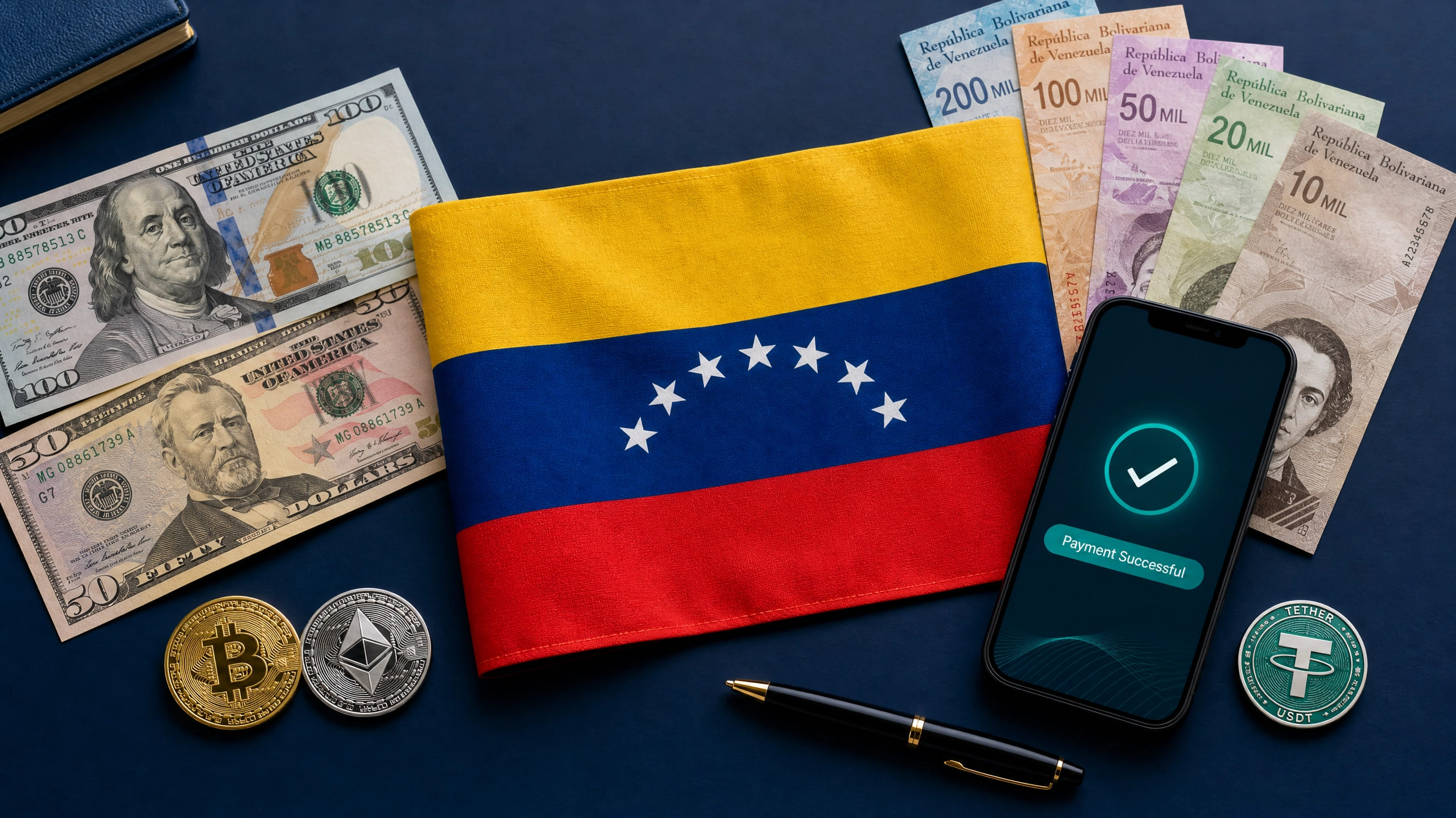 Bandera de Venezuela rodeada de billetes de dólares y de bolívares, junto a un teléfono que muestra un pago confirmado